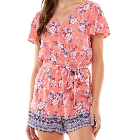 KINGSTON GREY Coral Womens Juniors Floral Print Flutter Sleeve Romper, Medium - Picture 1 of 3